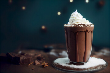 Chocolate milkshake in glass whipped cream topping. Christmas Bokeh background. 