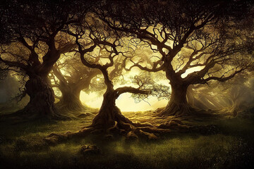 Fototapeta na wymiar forest in the morning light, majestic yggdrasil