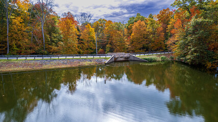 Colorful view of a park with a lake as the primary subject. 