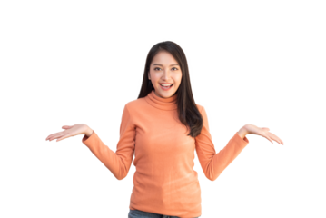 Attractive Girl Portrait, Asian, Asian Girl, Smiling Face, Smiling brightly, Wearing Orange Shirt, Showing Emotion, Banner, Advertisement, Copy Space, transparent Background, PNG, Asian Girl Concept.