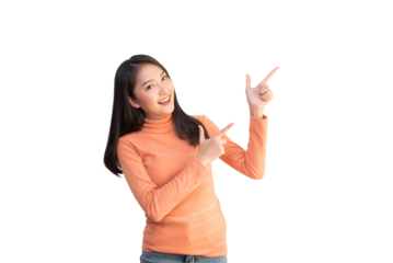 Attractive Girl Portrait, Asian, Asian Girl, Smiling Face, Smiling brightly, Wearing Orange Shirt, Showing Emotion, Banner, Advertisement, Copy Space, transparent Background, PNG, Asian Girl Concept.