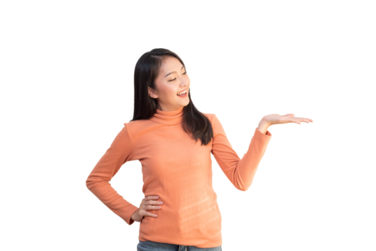 Attractive Girl Portrait, Asian, Asian Girl, Smiling Face, Smiling brightly, Wearing Orange Shirt, Showing Emotion, Banner, Advertisement, Copy Space, transparent Background, PNG, Asian Girl Concept.