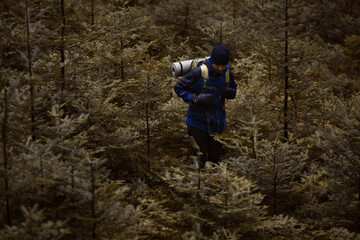 A caucasian male hiker with a backpack hiking in a pine forest.