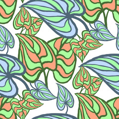 Nature seamless pattern with hand drawn twig, tree branch with leaves, tropical forest, summer time. Ecological rural theme for poster print, wrapping paper, wallpaper, clothes textile, fabric design.