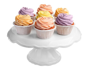 Stand with tasty cupcakes on white background