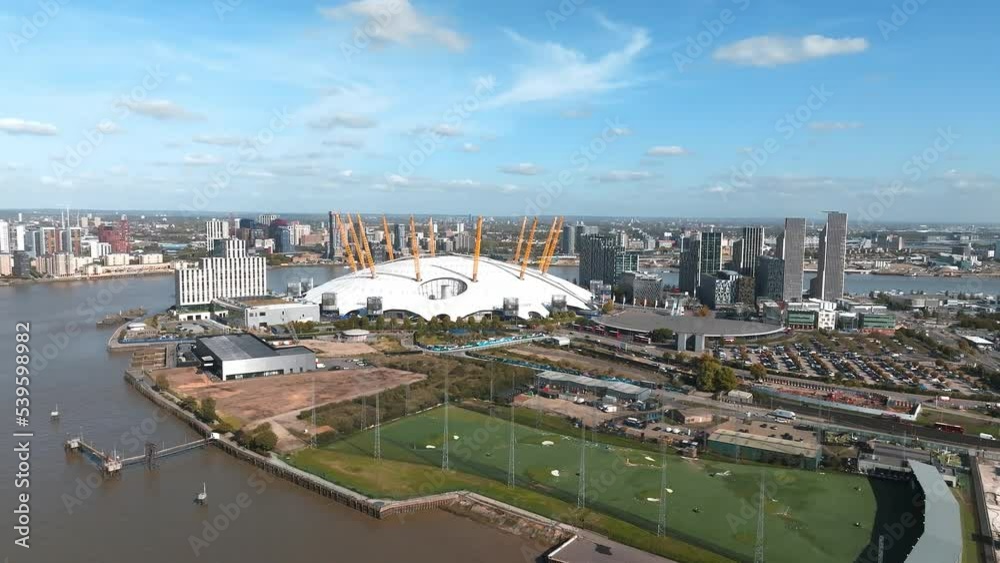 Canvas Prints Aerial bird's eye view of iconic concert Hall of O2 Arena in North Greenwich Peninsula in London. Beautiful city of London from above.