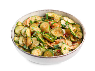 Bowl of delicious cucumber salad isolated on white