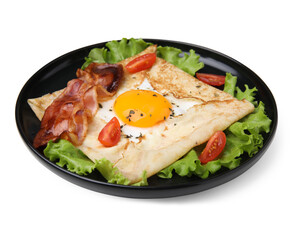 Delicious crepe with egg isolated on white. Breton galette