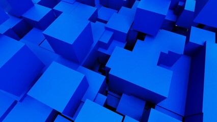 A set of many blue cubes that are collapsing under white lighting background. Conceptual 3D CG of blockchain, financial system and personal data analysis.