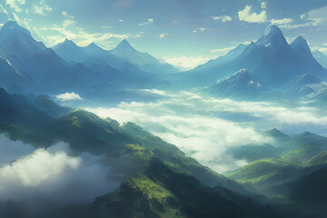 A fictional snow-capped mountain range rising above the fog. Fantasy landscape background. Generative AI creation.