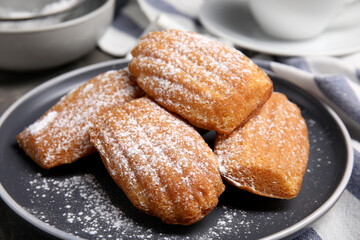 Delicious madeleine cakes with powdered sugar on table, closeup