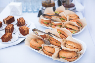 Catering table, beautifully decorated banquet with variety of with different food snacks appetizers on corporate birthday party event or wedding celebration, canape, salad, delicatessen setting