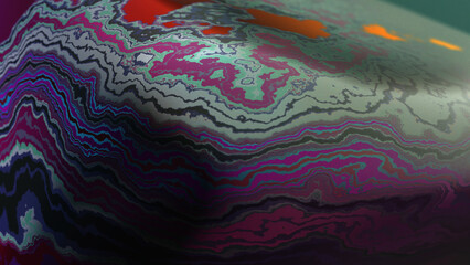3D rendering of abstract object in hyper-realistic scene with liquid marbling effect pattern and iridescent grungy texture.
