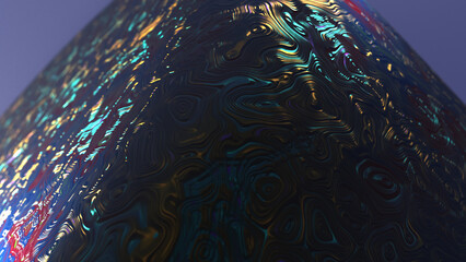 3D rendering of abstract object in hyper-realistic scene with iridescent grungy metallic texture