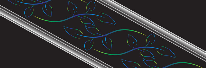 Abstract black background with blue and green leaves