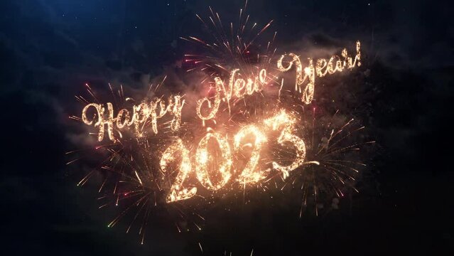 2023 Happy New Year greeting text with particles and sparks on the black night sky with colorful fireworks on the background, beautiful typography magic design.