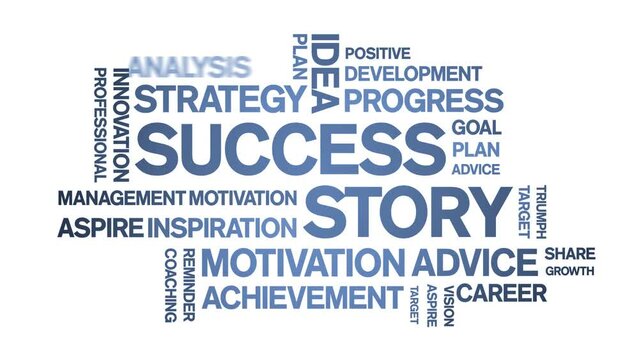 Success Story animated tag word cloud;text design animation kinetic typography seamless loop.
