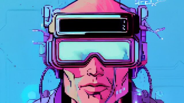 Man Wearing Futuristic Virtual Reality Headset Motion Pixel Art