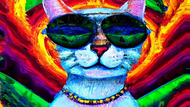 Psychedelic Cat Head Wearing Glasses Colorful Paint Loop