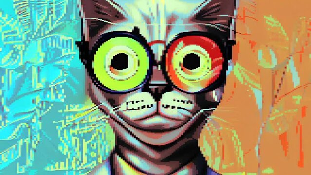 Pixel Art Motion Animation Loop Portrait Cat With Funny Glasses