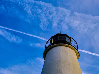 The historic Turkey Point Lighthouse on the bluffs of Elk Neck State Park on the Chesapeake Bay in...