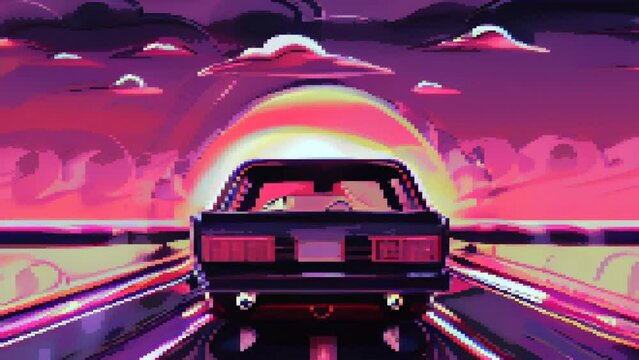 Retro Wave Car Neon Lights Sunset Motion Pixel Art 80s 90s Loop