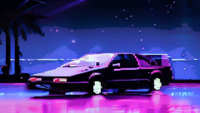 Retrowave Retro Futuristic Car Neon Lights Motion Pixel Art 80s 90s