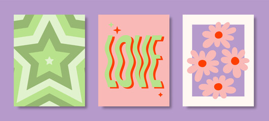 Y2K Posters Set. Vector Violet, Green, Pink Psychedelic Background: Repeated Star, Word Love, Daisy Flowers