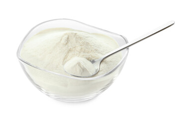 Bowl and spoon of agar-agar powder isolated on white