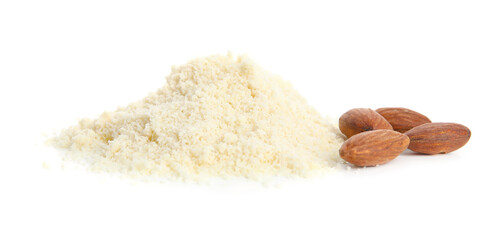 Pile of almond flour and nuts isolated on white