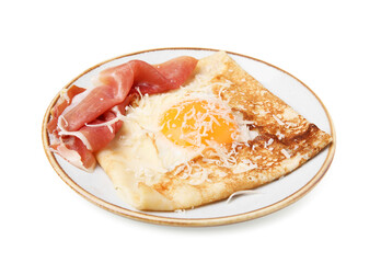 Delicious crepe with egg isolated on white. Breton galette