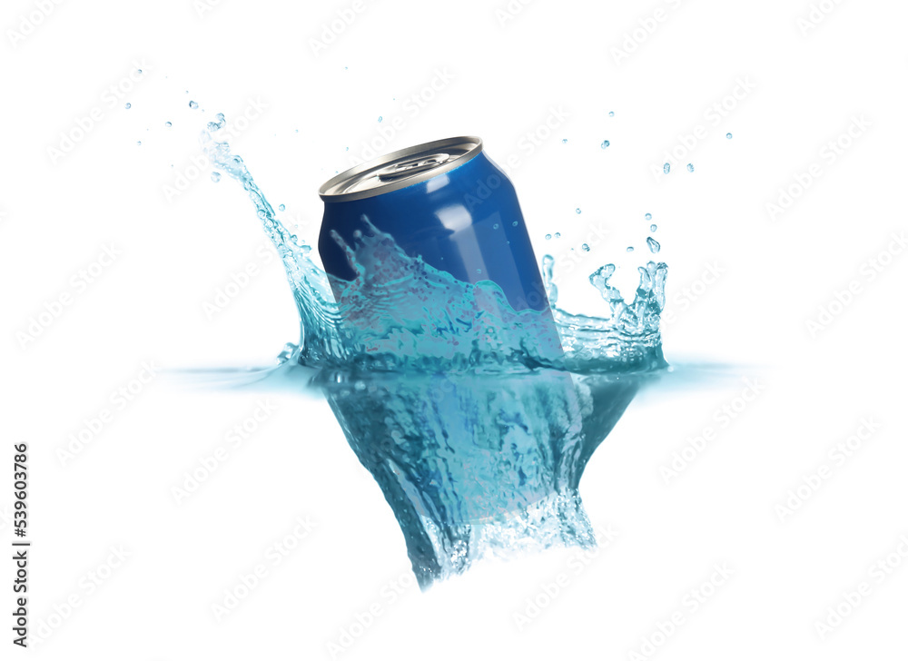 Sticker Blue aluminum can with splash of water on white background