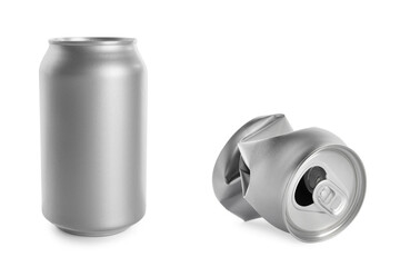 Whole and crumpled aluminum cans on white background
