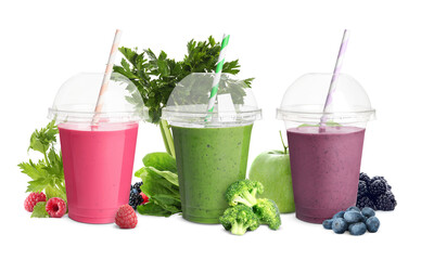 Set with different delicious smoothies in plastic cups on white background