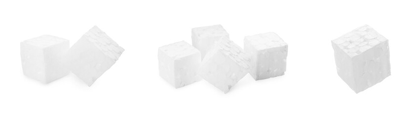 Set with styrofoam cubes on white background. Banner design