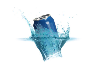 Blue aluminum can with splash of water on white background