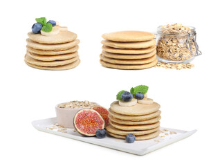 Set with tasty oatmeal pancakes on white background