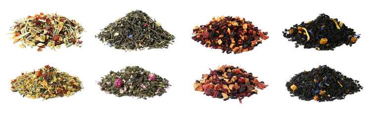 Set with aromatic herbal tea on white background. Banner design