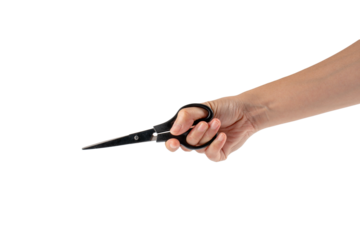 Hand holding office stationery scissors cutting on transparent background 