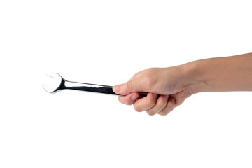 Hand holding a wrench isolated on transparent background.