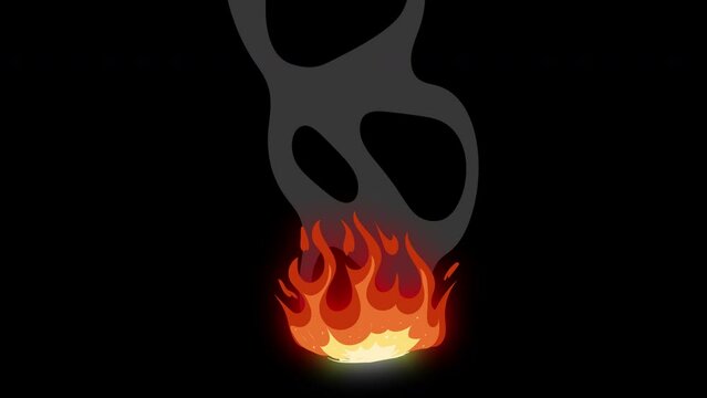 Animation of a burning campfire with smoke on a black screen. Cartoon fire burns with glow in 4k with alpha channel. Stock video to add fire effect.