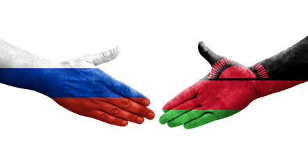 Handshake between Malawi and Russia flags painted on hands, isolated transparent image.