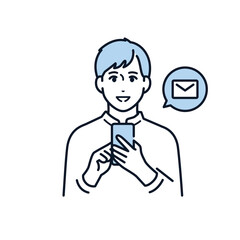 スマホでメールを受信する若い男性のシンプルなベクターイラスト素材