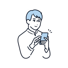 Fototapeta premium 笑顔でスマホを操作する若い男性のシンプルなベクターイラスト素材