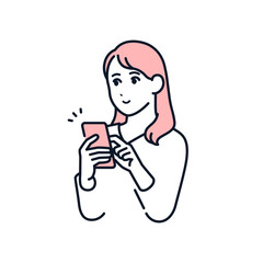 笑顔でスマホを操作する若い女性のシンプルなベクターイラスト素材