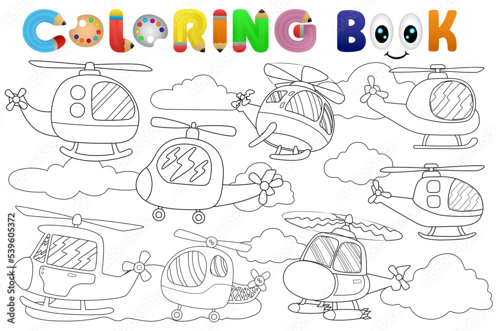 Poster coloring book with helicopters cartoon and clouds