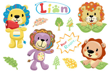 Set of hand drawn funny lions cartoon