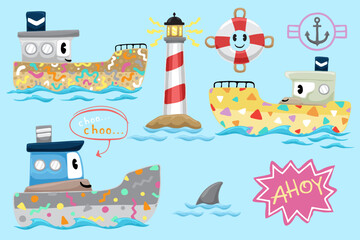 Set of hand drawn funny boats with colorful ornaments, sailing elements