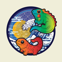 lizard illustration design with japanese style background and logo