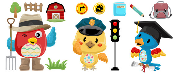 Set of hand drawn funny birds in various costume